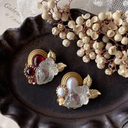 画像1: 【malle la brocante】サージカルステンレス　天然石と苺のヴィンテージカボションのコラージュリング/金属アレルギー対応