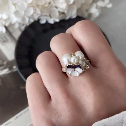 画像1: 【malle la brocante】サージカルステンレス　淡水パールとビオラのbijouリング/金属アレルギー対応