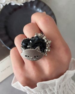 画像3: 【mallelabrocante/マルラブロカント】猫ヴィンテージボタンとオニキスのコラージュリング/金属アレルギー対応