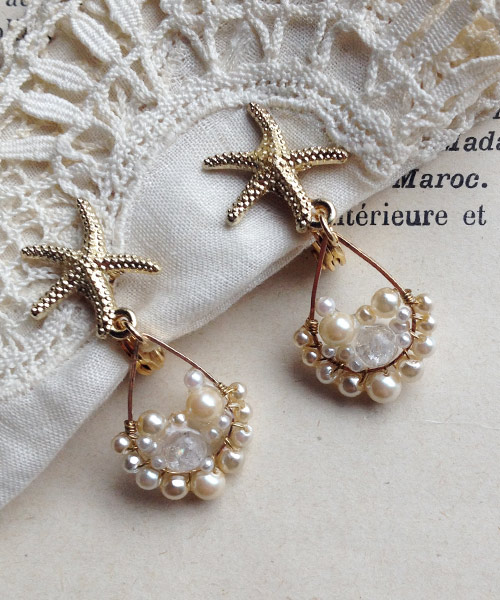 14 kgf Starfish x Vintage Pearl Bijou Drops Earrings earring / ear clip - Earrings & Clip-ons - Gemstone White