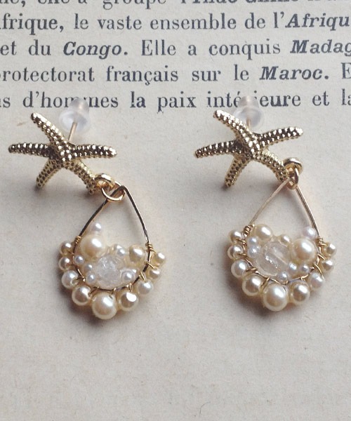 14 kgf Starfish x Vintage Pearl Bijou Drops Earrings earring / ear clip - Earrings & Clip-ons - Gemstone White