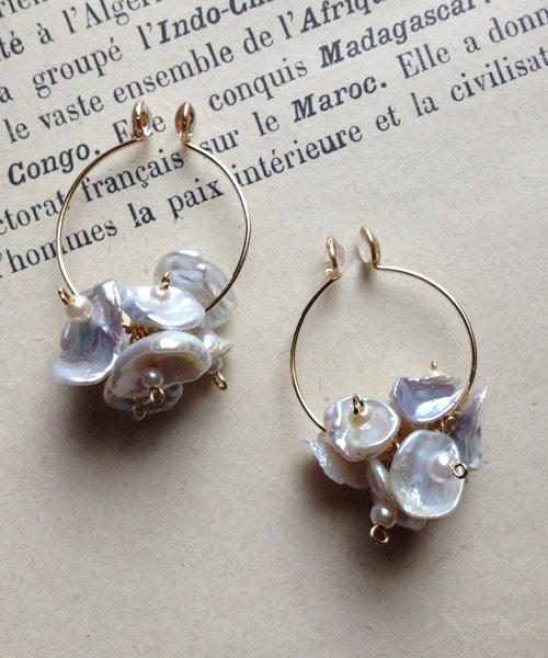 14 kgf fresh water Keshi Pearl × vintage pearl bloom earring / ear clip - Earrings & Clip-ons - Gemstone Silver