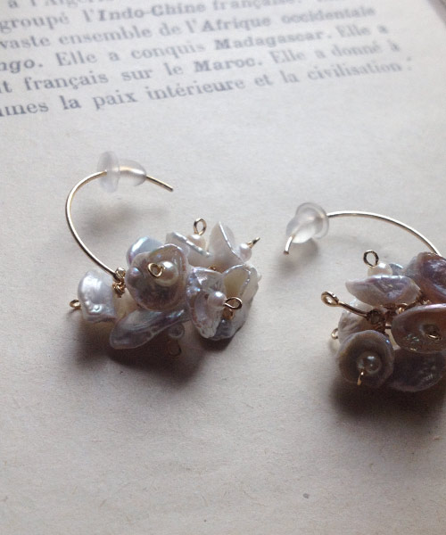 14 kgf fresh water Keshi Pearl × vintage pearl bloom earring / ear clip - Earrings & Clip-ons - Gemstone Silver