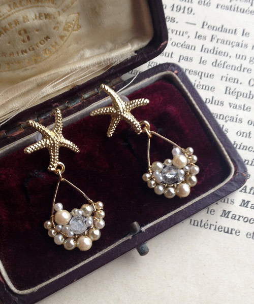 14 kgf Starfish x Vintage Pearl Bijou Drops Earrings earring / ear clip - Earrings & Clip-ons - Gemstone White