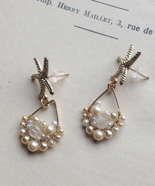 14 kgf Starfish x Vintage Pearl Bijou Drops Earrings earring / ear clip - Earrings & Clip-ons - Gemstone White