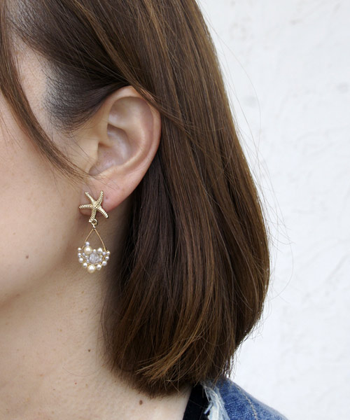14 kgf Starfish x Vintage Pearl Bijou Drops Earrings earring / ear clip - Earrings & Clip-ons - Gemstone White